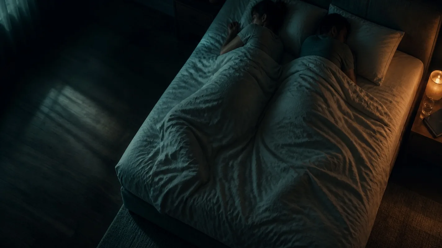 Overhead concept view of two partners asleep in bed.