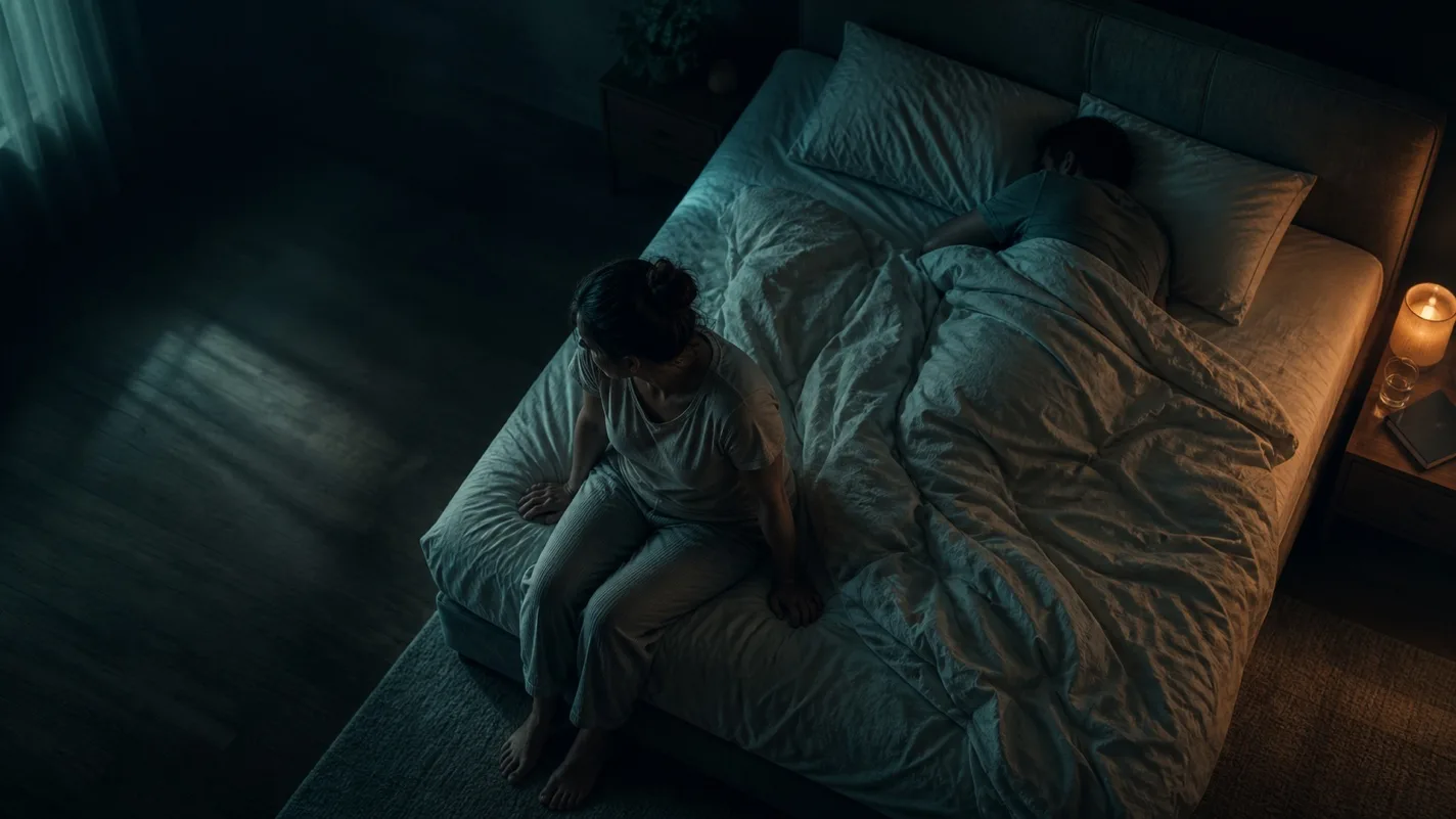 Concept view of an exhausted partner sitting at the bed edge while the other remains asleep.