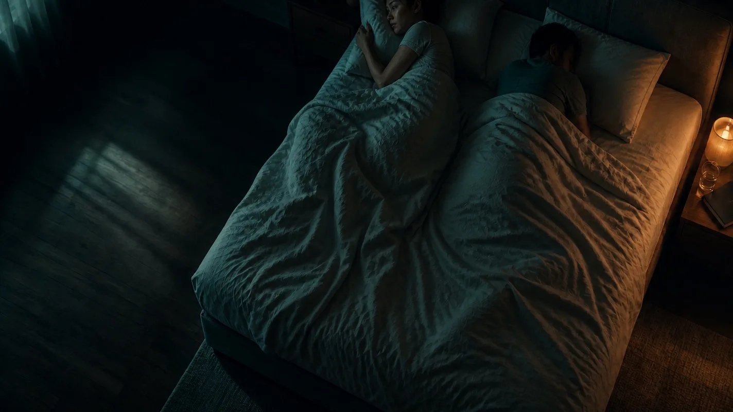 Concept view of one partner awake and restless while the other remains asleep.