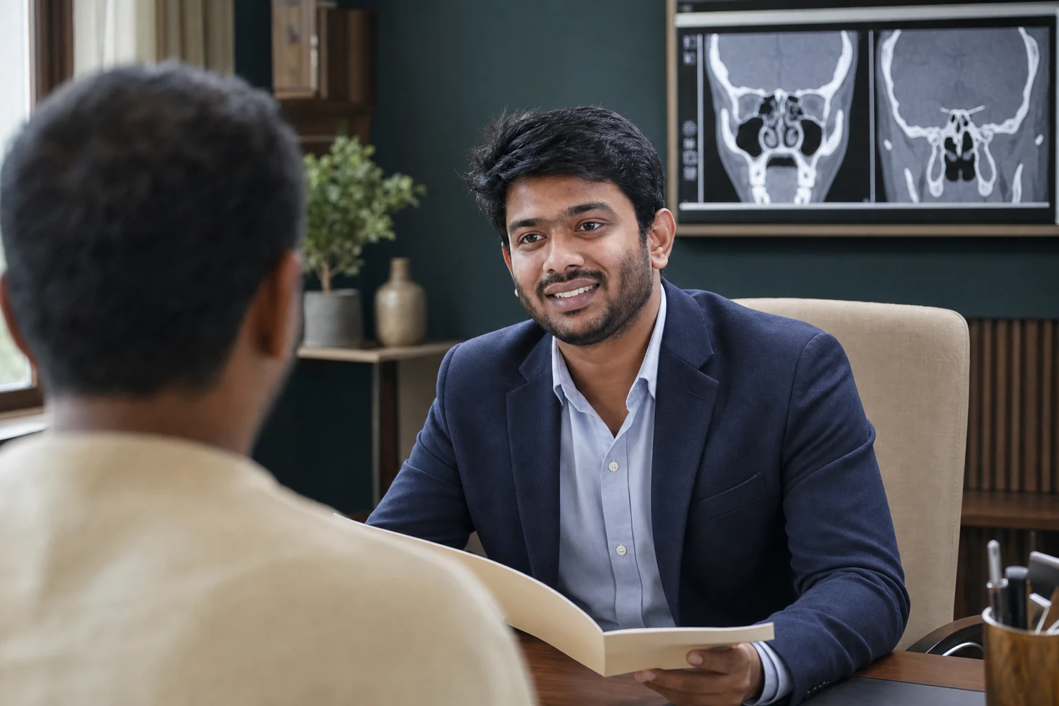 Consultation scene with Dr. Sasank Sai Ravi, a patient viewed from behind and a scan monitor.